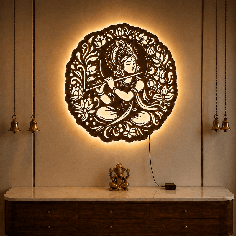 Krishna Backlit Wooden Wall Decor with Walnut Finish