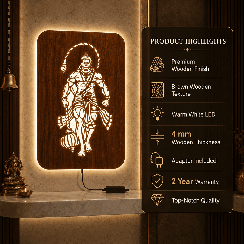 Lord Hanuman Ji Walnut Elegance – Warm White LED Wooden Logo