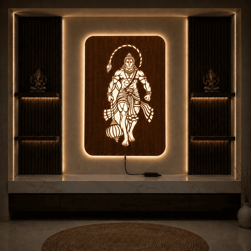 Lord Hanuman Ji Walnut Elegance – Warm White LED Wooden Logo