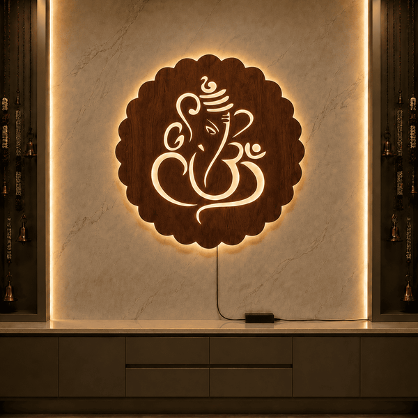 Ganesha Backlit Wooden Wall Decor with Walnut Finish