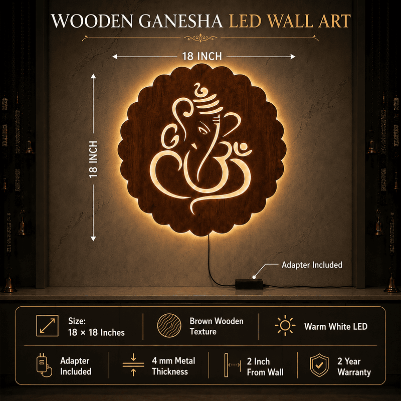 Ganesha Backlit Wooden Wall Decor with Walnut Finish