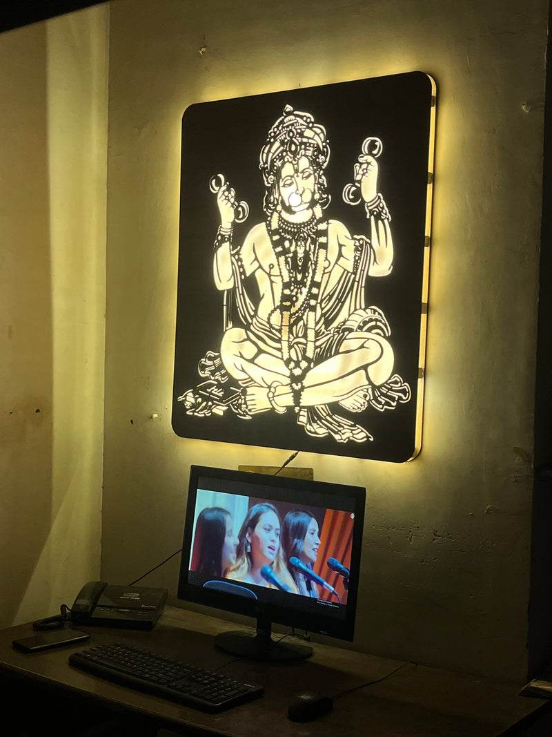 Hanuman Ji Walnut Elegance – Warm White LED Wooden Logo