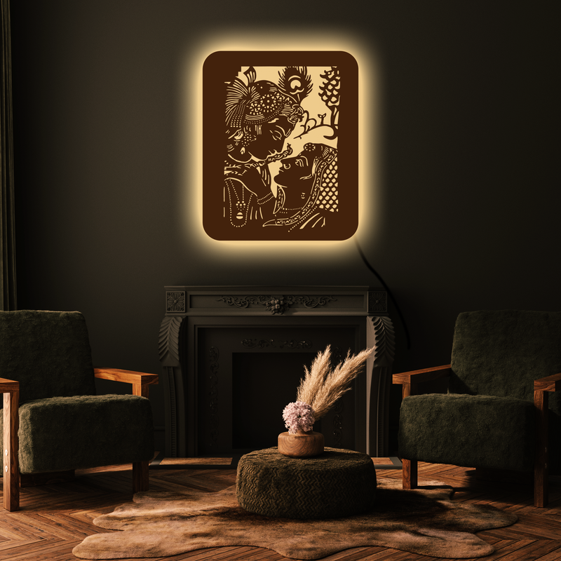 Radha Krishna Backlit Wooden Wall Decor with Walnut Finish