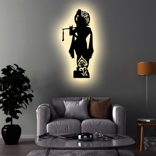 Lord Krishna Backlit Wooden Wall Decor with Walnut Finish