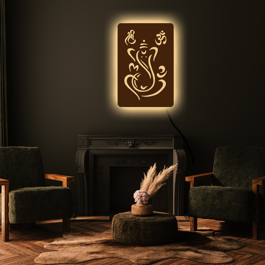 Ganesha om  Backlit Wooden Wall Decor with Walnut Finish