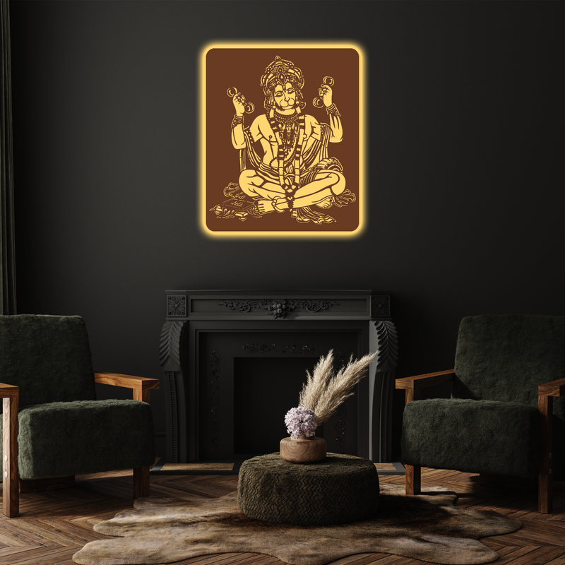 Hanuman Ji Walnut Elegance – Warm White LED Wooden Logo