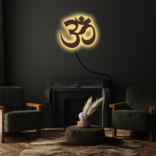 OM Backlit Wooden Wall Decor with Walnut Finish