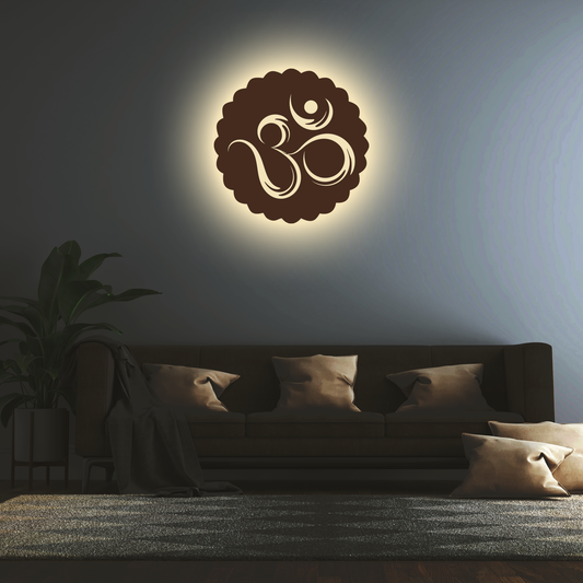 OM Round Backlit Wooden Wall Decor with Walnut Finish