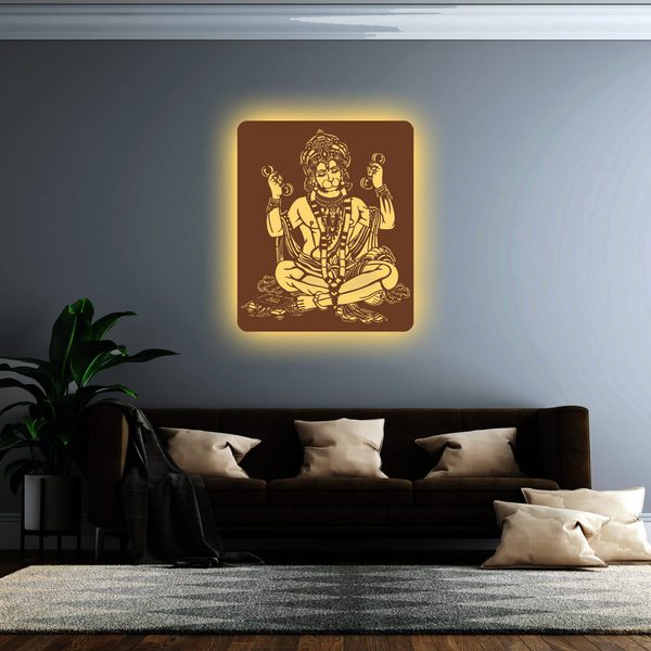 Hanuman Ji Walnut Elegance – Warm White LED Wooden Logo