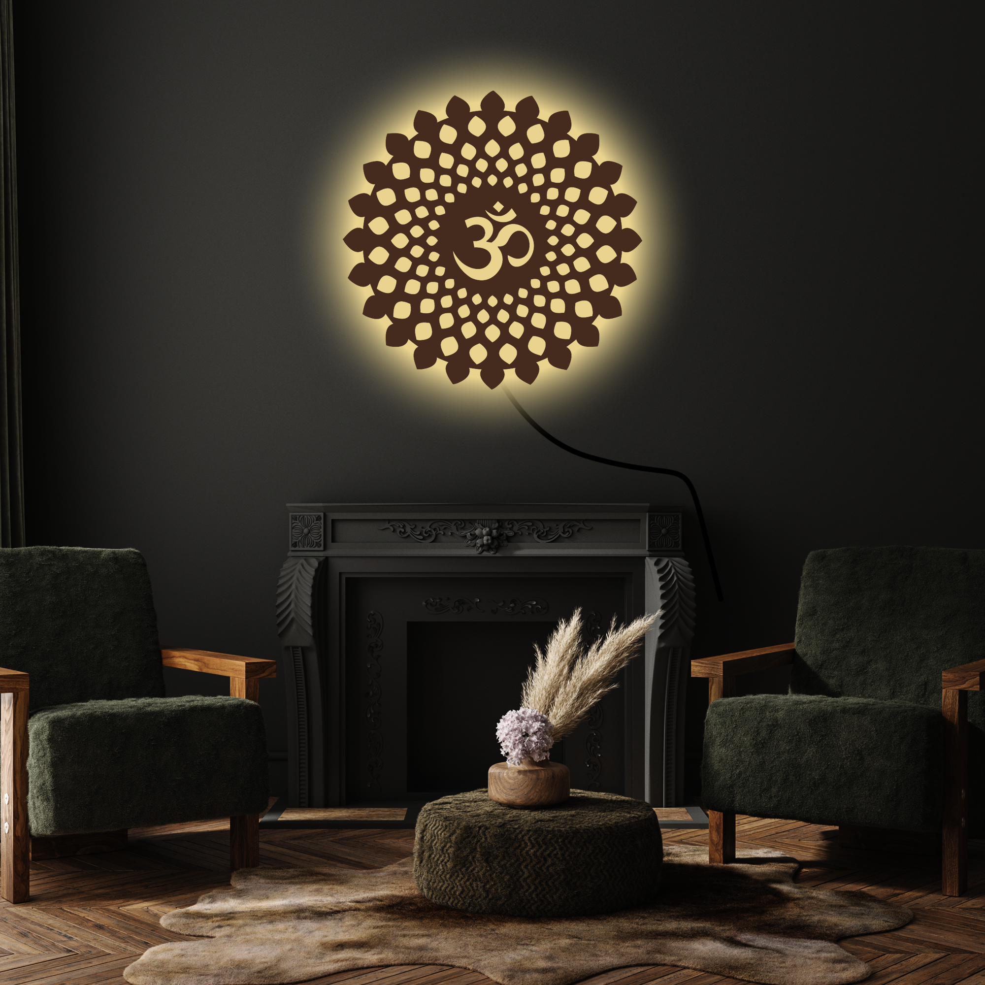 Round OM Backlit Wooden Wall Decor with Walnut Finish