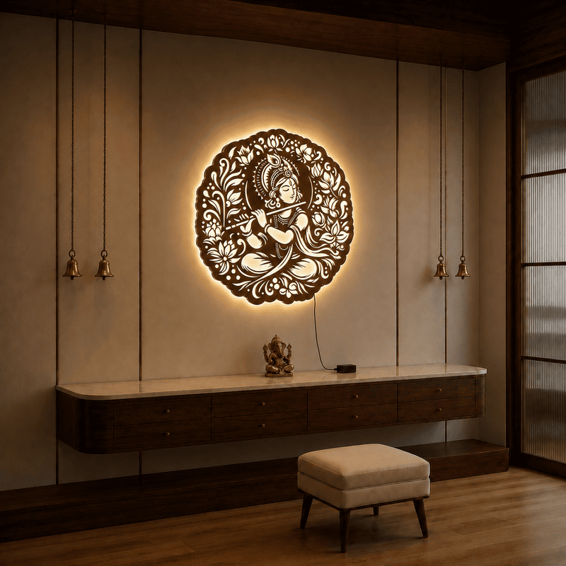 Krishna Backlit Wooden Wall Decor with Walnut Finish