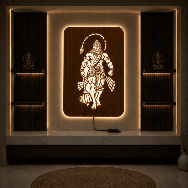 Lord Hanuman Ji Walnut Elegance – Warm White LED Wooden Logo