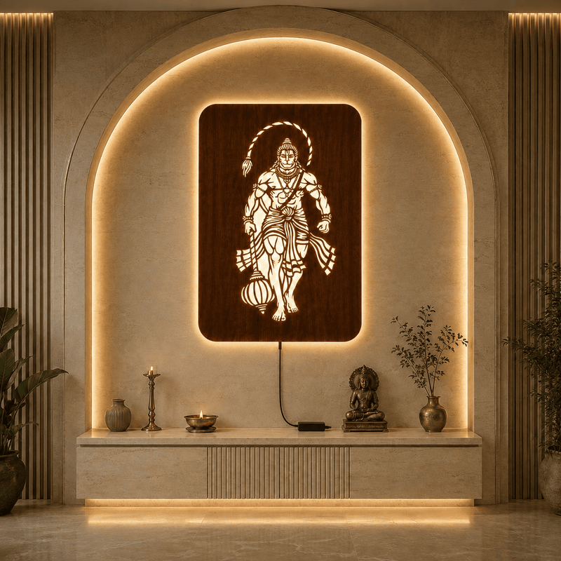 Lord Hanuman Ji Walnut Elegance – Warm White LED Wooden Logo