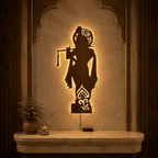 Lord Krishna Backlit Wooden Wall Decor with Walnut Finish