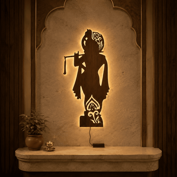 Lord Krishna Backlit Wooden Wall Decor with Walnut Finish