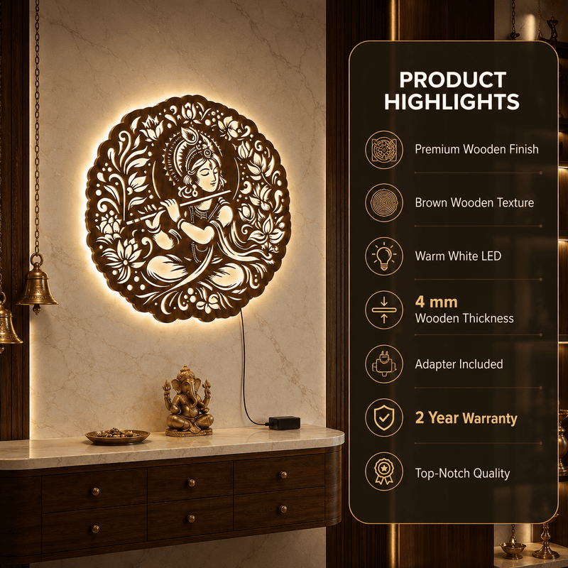 Krishna Backlit Wooden Wall Decor with Walnut Finish