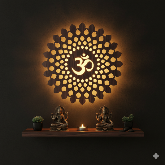 Round OM Backlit Wooden Wall Decor with Walnut Finish