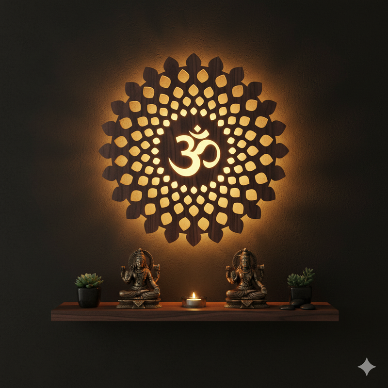 Round OM Backlit Wooden Wall Decor with Walnut Finish