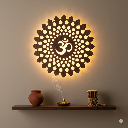 Round OM Backlit Wooden Wall Decor with Walnut Finish