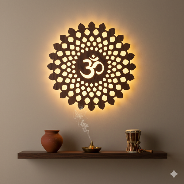 Round OM Backlit Wooden Wall Decor with Walnut Finish