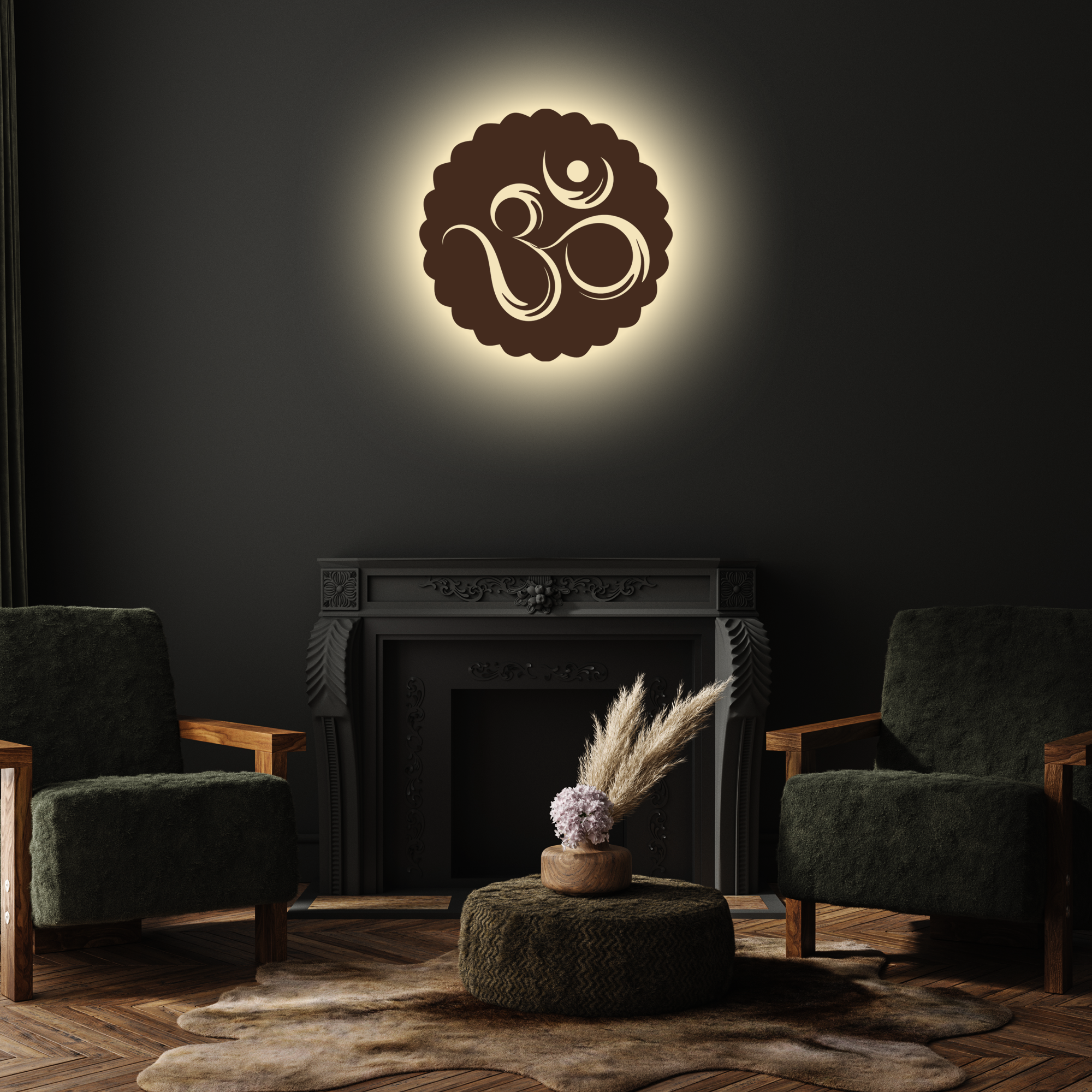 OM Round Backlit Wooden Wall Decor with Walnut Finish