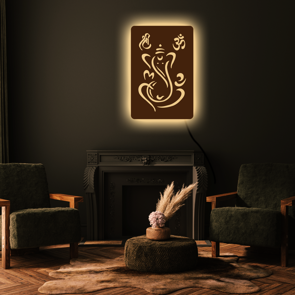 Ganesha om  Backlit Wooden Wall Decor with Walnut Finish