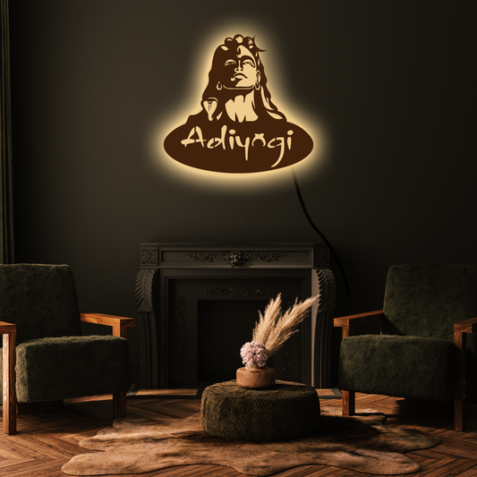 Adiyogi Backlit Wooden Wall Decor with Walnut Finish